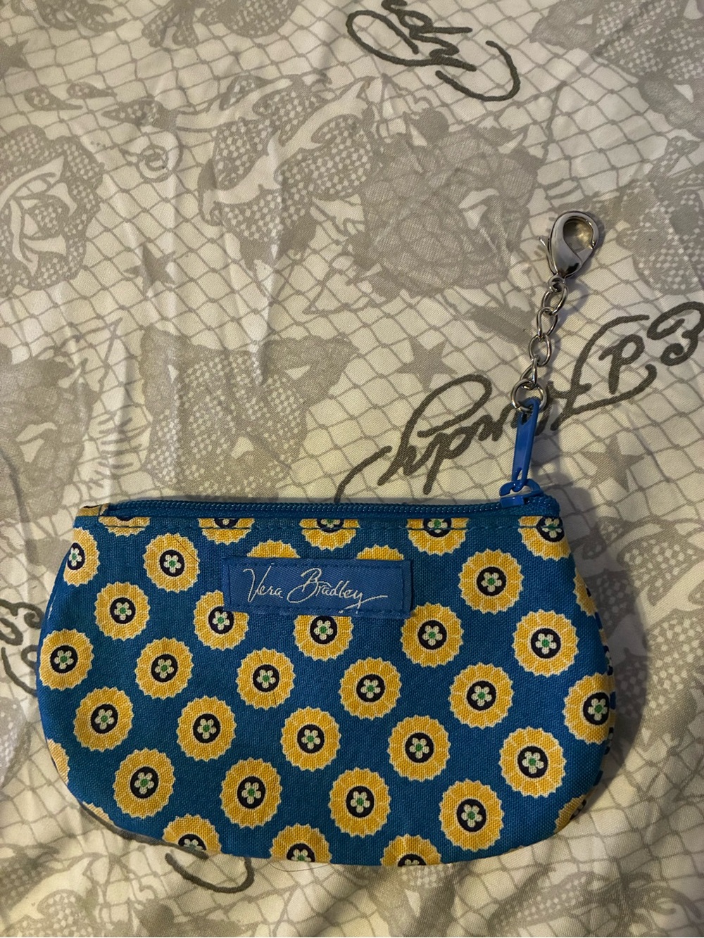 Vera Bradley Blue and Yellow Floral Key Pouch with Clip